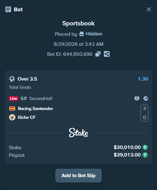 Bet slip: Racing Santander - Elche, $30,010.00 stake at 1.30 odds, placed by Hidden