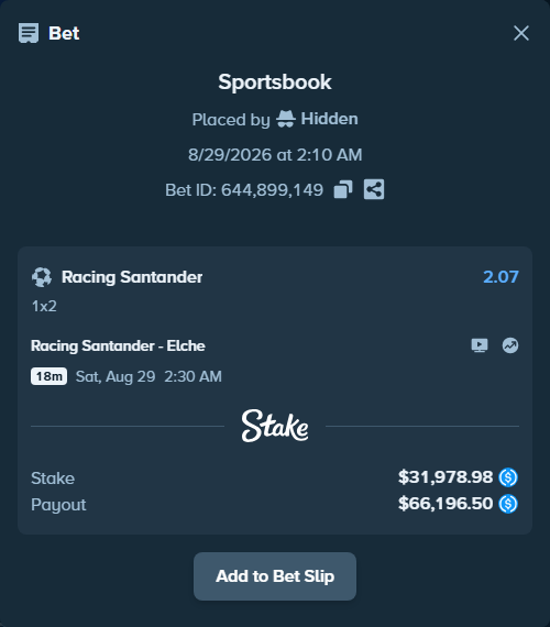 Bet slip: Racing Santander - Elche, $31,978.98 stake at 2.07 odds, placed by Hidden