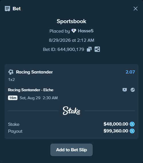 Bet slip: Racing Santander - Elche, $48,000.00 stake at 2.07 odds, placed by Hasse5