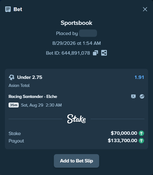 Bet slip: Racing Santander - Elche, $70,000.00 stake at 1.91 odds, placed by dabgang