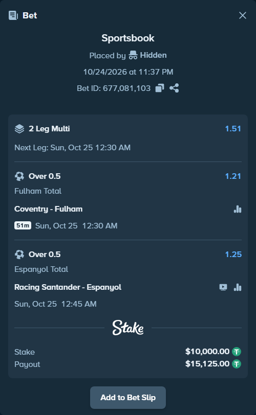 Bet slip: Racing Santander - Espanyol, $10,010.00 stake at 1.25 odds, placed by Hidden