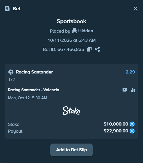 Bet slip: Racing Santander - Valencia, $10,000.00 stake at 2.29 odds, placed by lowkeyrin