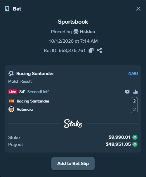 Bet slip: Racing Santander - Valencia, $10,000.00 stake at 4.90 odds, placed by Zuko223