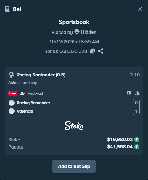 Bet slip: Racing Santander - Valencia, $20,000.00 stake at 2.10 odds, placed by Kokos0