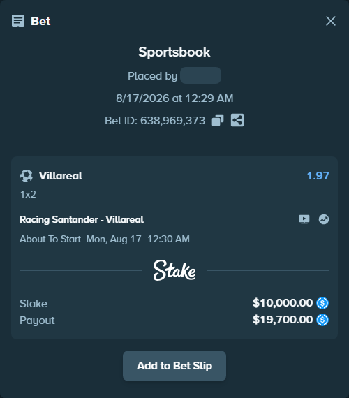 Bet slip: Racing Santander - Villareal, $10,000.00 stake at 1.97 odds, placed by Storestorm