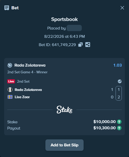 Bet slip: Rada Zolotareva - Lisa Zaar, $10,000.00 stake at 1.03 odds, placed by SH7N28