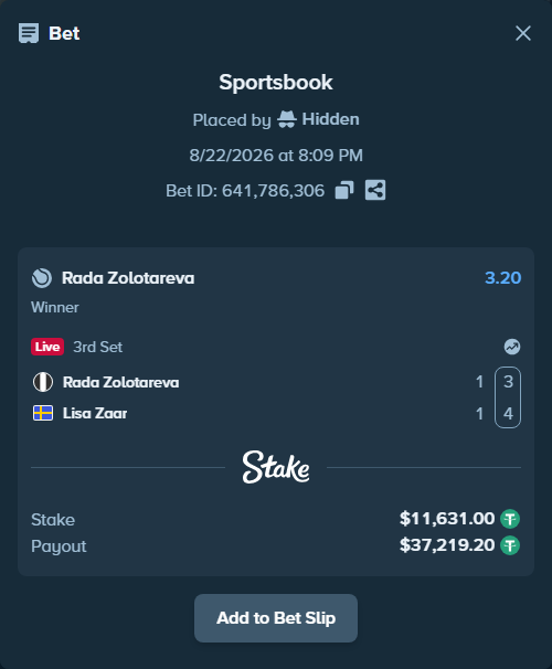 Bet slip: Rada Zolotareva - Lisa Zaar, $11,631.00 stake at 3.20 odds, placed by Hidden