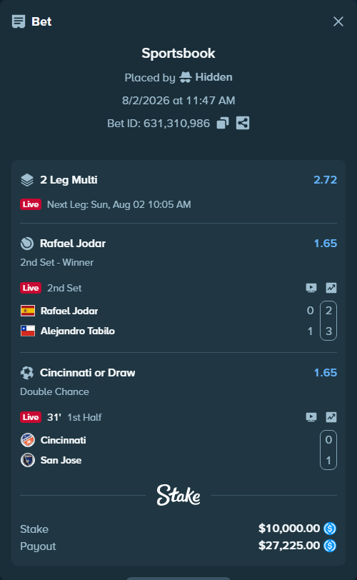 Bet slip: Rafael Jodar - Alejandro Tabilo, $10,000.00 stake at 1.65 odds, placed by Hidden