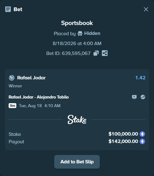 Bet slip: Rafael Jodar - Alejandro Tabilo, $99,990.50 stake at 1.42 odds, placed by Hidden