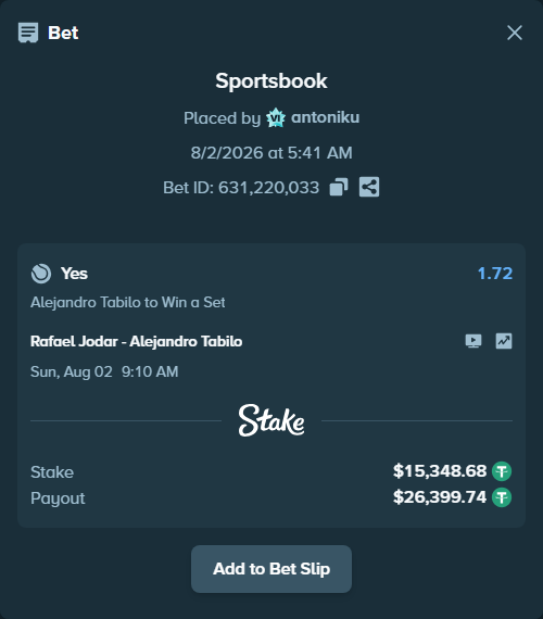 Bet slip: Rafael Jodar - Alejandro Tabilo, $15,364.03 stake at 1.72 odds, placed by antoniku
