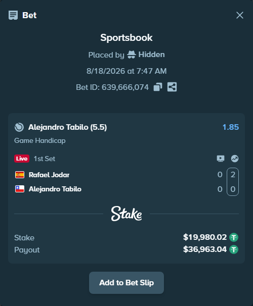 Bet slip: Rafael Jodar - Alejandro Tabilo, $20,000.00 stake at 1.85 odds, placed by Hidden