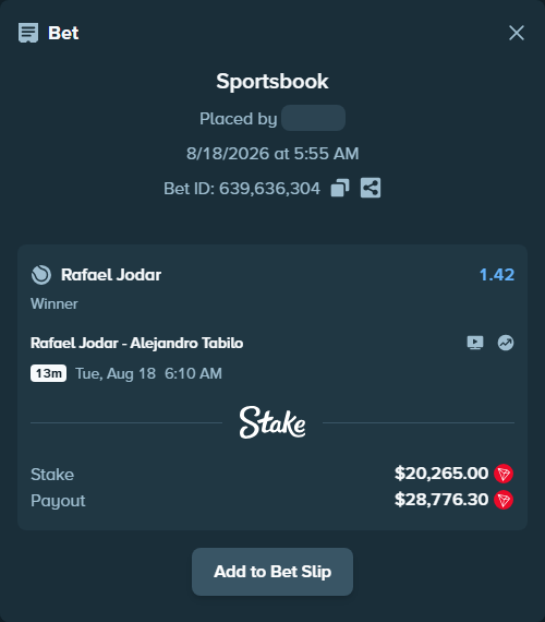 Bet slip: Rafael Jodar - Alejandro Tabilo, $20,262.50 stake at 1.42 odds, placed by gameropt