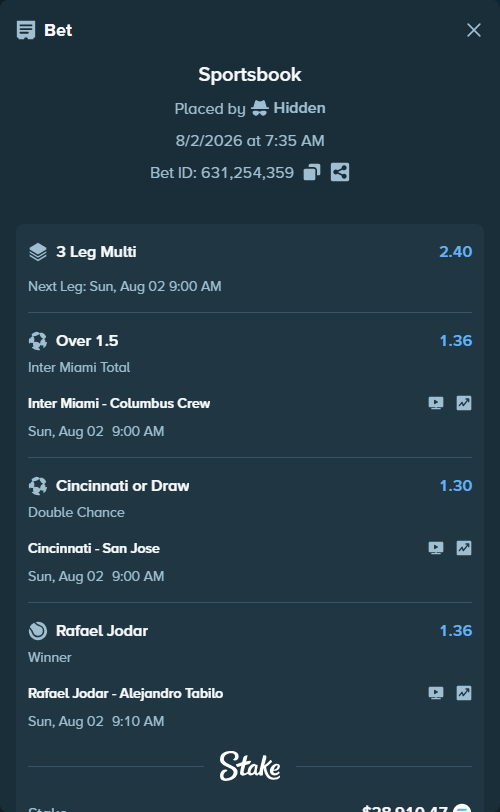 Bet slip: Rafael Jodar - Alejandro Tabilo, $29,286.88 stake at 1.36 odds, placed by Hidden