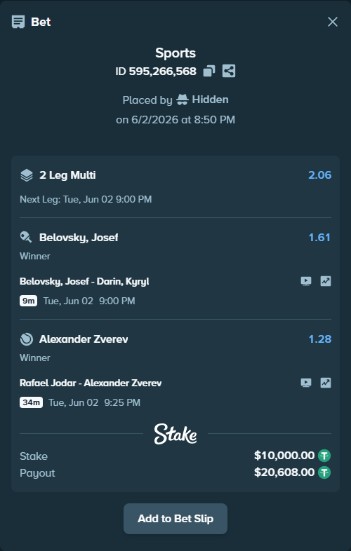 Bet slip: Rafael Jodar - Alexander Zverev, $10,010.00 stake at 1.28 odds, placed by Hidden