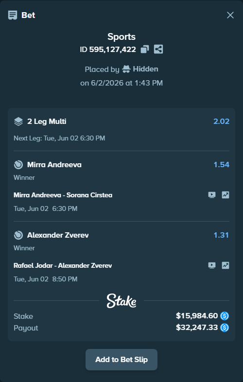Bet slip: Rafael Jodar - Alexander Zverev, $15,984.60 stake at 1.31 odds, placed by Hidden