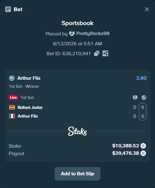 Bet slip: Rafael Jodar - Arthur Fils, $10,421.76 stake at 3.80 odds, placed by Prettylfacko98