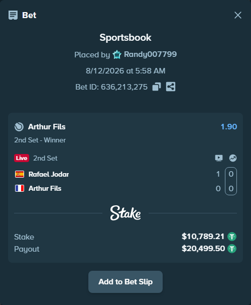 Bet slip: Rafael Jodar - Arthur Fils, $10,800.00 stake at 1.90 odds, placed by Randy007799