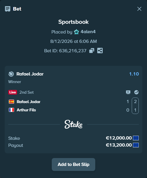 Bet slip: Rafael Jodar - Arthur Fils, $12,960.00 stake at 1.10 odds, placed by 4alen4