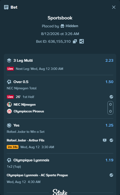 Bet slip: Rafael Jodar - Arthur Fils, $22,102.62 stake at 1.25 odds, placed by Hidden
