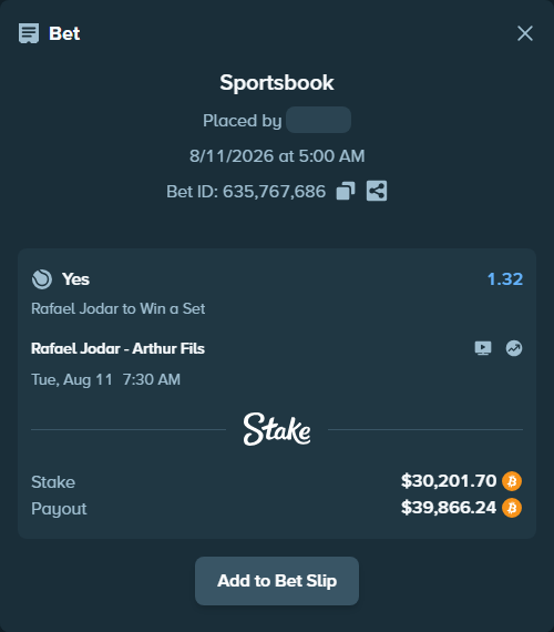 Bet slip: Rafael Jodar - Arthur Fils, $36,768.90 stake at 1.32 odds, placed by Stakepje
