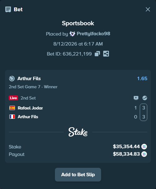 Bet slip: Rafael Jodar - Arthur Fils, $35,442.84 stake at 1.65 odds, placed by Prettylfacko98