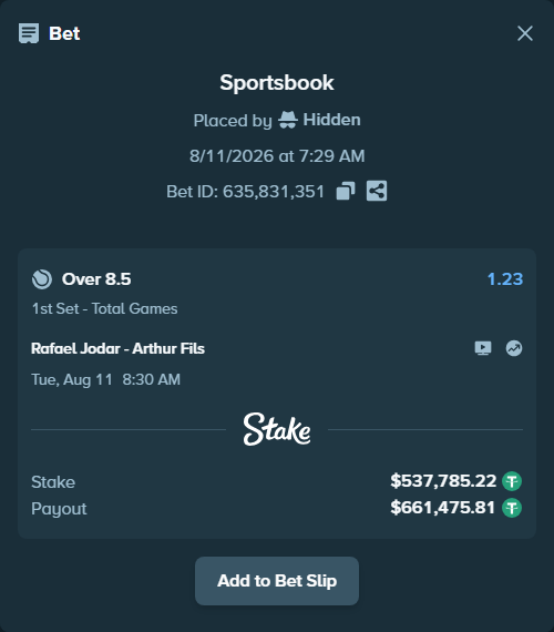 Bet slip: Rafael Jodar - Arthur Fils, $538,323.00 stake at 1.23 odds, placed by Hidden