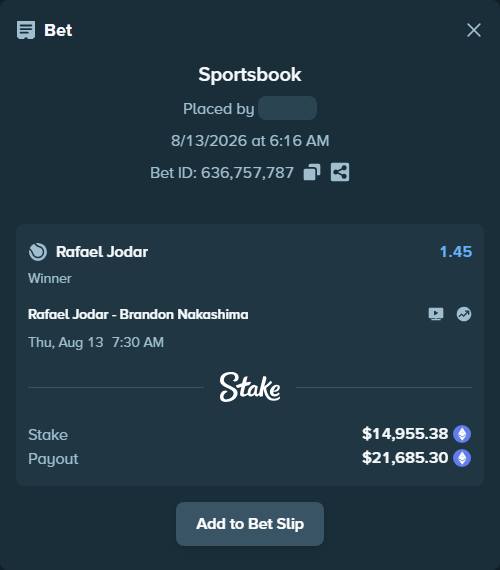 Bet slip: Rafael Jodar - Brandon Nakashima, $14,975.16 stake at 1.45 odds, placed by Eston8150