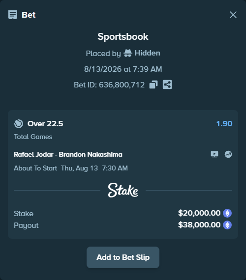 Bet slip: Rafael Jodar - Brandon Nakashima, $20,165.07 stake at 1.90 odds, placed by Hidden