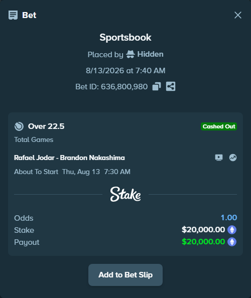 Bet slip: Rafael Jodar - Brandon Nakashima, $19,936.78 stake at 1.90 odds, placed by Hidden