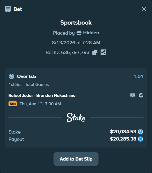 Bet slip: Rafael Jodar - Brandon Nakashima, $20,084.53 stake at 1.01 odds, placed by Hidden