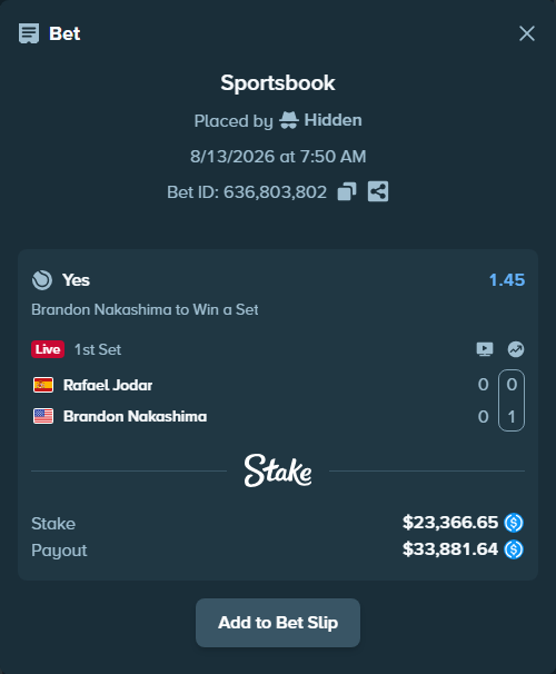 Bet slip: Rafael Jodar - Brandon Nakashima, $23,366.65 stake at 1.45 odds, placed by Hidden
