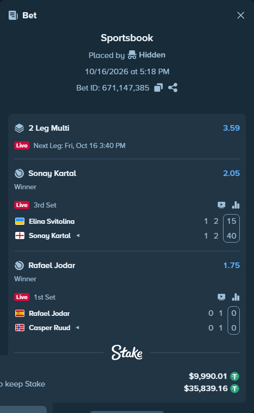 Bet slip: Rafael Jodar - Casper Ruud, $10,000.00 stake at 1.75 odds, placed by Hidden