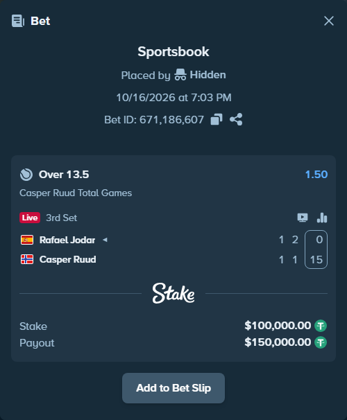Bet slip: Rafael Jodar - Casper Ruud, $100,100.00 stake at 1.50 odds, placed by Hidden