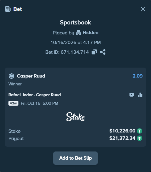Bet slip: Rafael Jodar - Casper Ruud, $10,236.23 stake at 2.09 odds, placed by Hidden