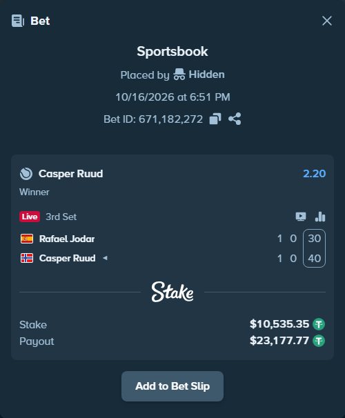Bet slip: Rafael Jodar - Casper Ruud, $10,545.88 stake at 2.20 odds, placed by Hidden