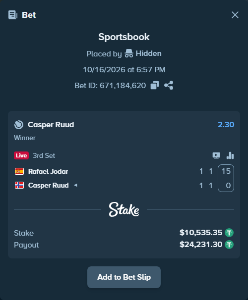 Bet slip: Rafael Jodar - Casper Ruud, $10,545.88 stake at 2.30 odds, placed by Hidden