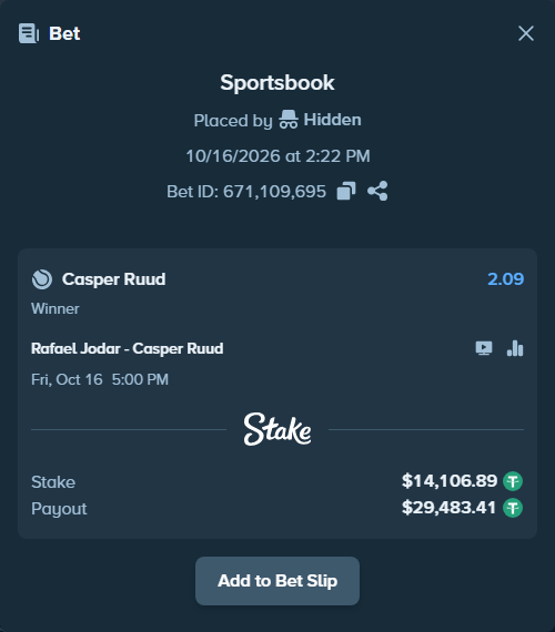 Bet slip: Rafael Jodar - Casper Ruud, $14,121.00 stake at 2.09 odds, placed by Hidden