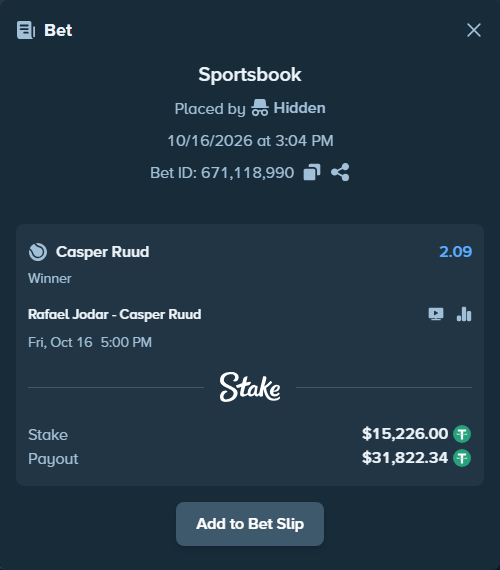 Bet slip: Rafael Jodar - Casper Ruud, $15,241.23 stake at 2.09 odds, placed by Hidden