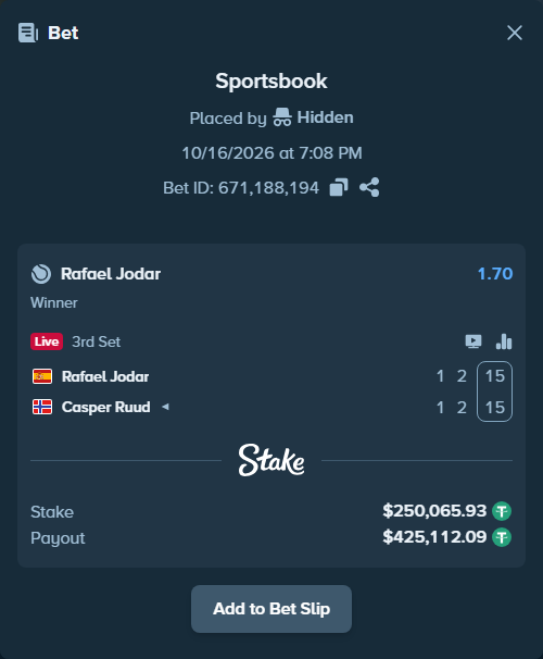 Bet slip: Rafael Jodar - Casper Ruud, $250,316.00 stake at 1.70 odds, placed by Hidden