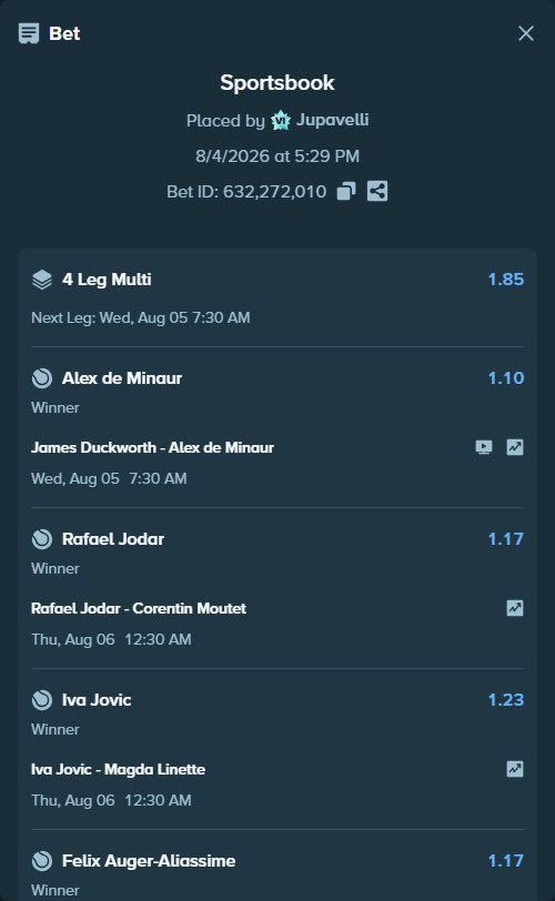 Bet slip: Rafael Jodar - Corentin Moutet, $10,000.00 stake at 1.17 odds, placed by Jupavelli