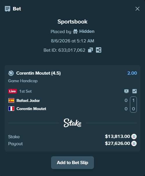 Bet slip: Rafael Jodar - Corentin Moutet, $13,480.91 stake at 2.00 odds, placed by Hidden