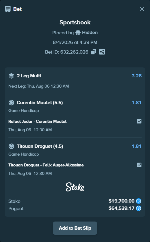 Bet slip: Rafael Jodar - Corentin Moutet, $19,700.00 stake at 1.81 odds, placed by Hidden