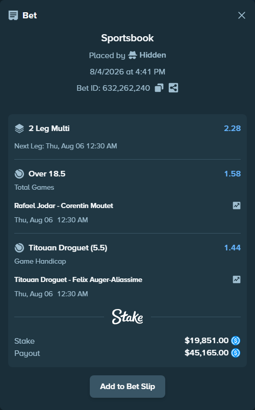 Bet slip: Rafael Jodar - Corentin Moutet, $19,851.00 stake at 1.58 odds, placed by Hidden