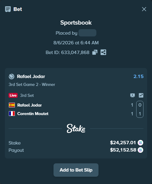 Bet slip: Rafael Jodar - Corentin Moutet, $23,761.97 stake at 2.15 odds, placed by Prettylfacko98