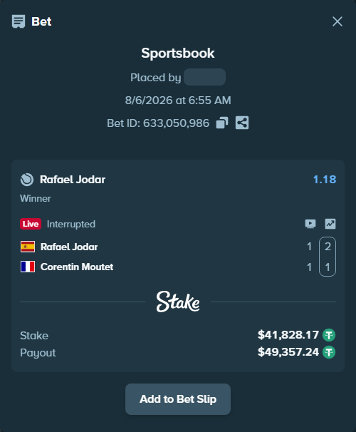 Bet slip: Rafael Jodar - Corentin Moutet, $41,870.00 stake at 1.18 odds, placed by antoniku