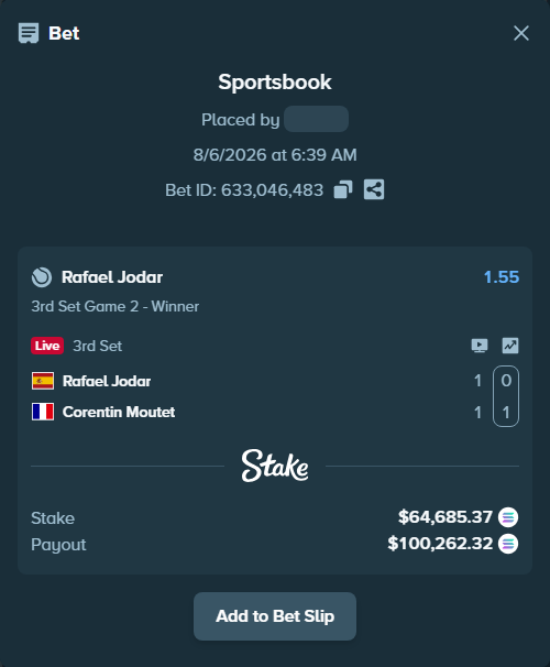 Bet slip: Rafael Jodar - Corentin Moutet, $63,224.23 stake at 1.55 odds, placed by Prettylfacko98