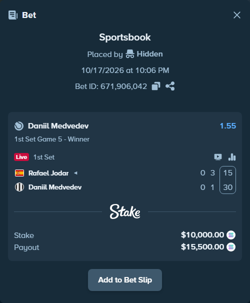 Bet slip: Rafael Jodar - Daniil Medvedev, $9,936.29 stake at 1.55 odds, placed by AustinAlgamus