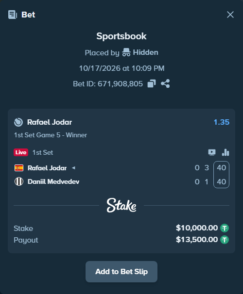 Bet slip: Rafael Jodar - Daniil Medvedev, $10,010.00 stake at 1.35 odds, placed by Hidden