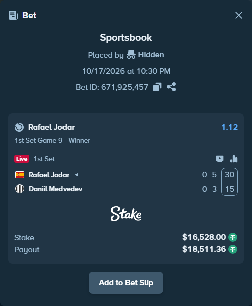 Bet slip: Rafael Jodar - Daniil Medvedev, $16,544.53 stake at 1.12 odds, placed by Hidden