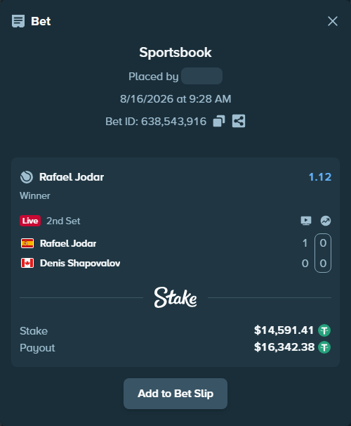 Bet slip: Rafael Jodar - Denis Shapovalov, $14,606.00 stake at 1.12 odds, placed by JFBest91